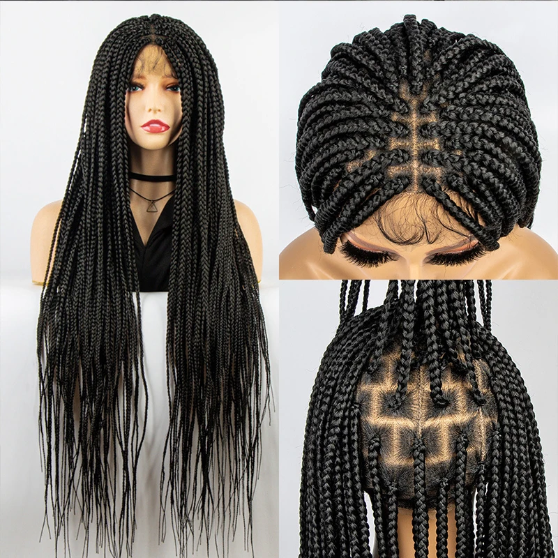 Natural 36 inch Glueless Braid Africa Braided Full Lace Front Wigs For Black Women 32 Inches Box Braided Wigs With Baby Hair