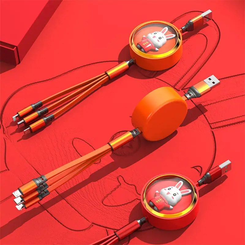 

3 In 1 Retractable USB Data Cable Cute Rabbit Decoration Charging Cable Compatible For Ios Android Type-c
