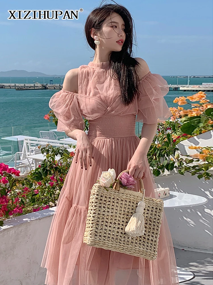 

XIZIHUPAN Sweet Pink Dress For Women Round Neck Half Sleeve Patchwork Mesh Off Shoulder High Waist Vintage Dresses Female 2022