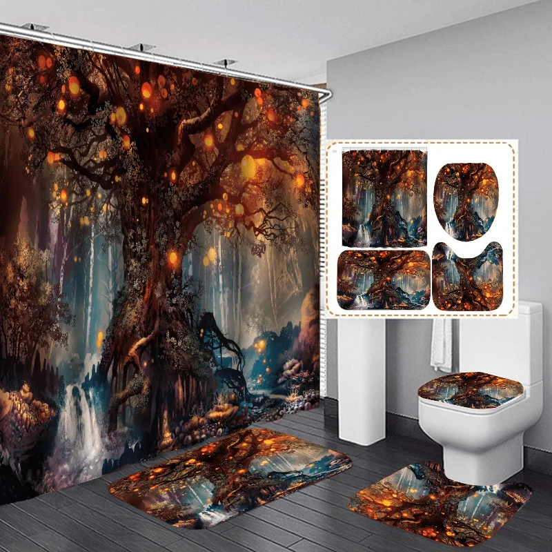 

Tree Of Life Print Bathroom Set, Vintage Shower Curtain, Bath Mat Set, Waterproof Fabric Shower Curtain Set, Bathroom Decor