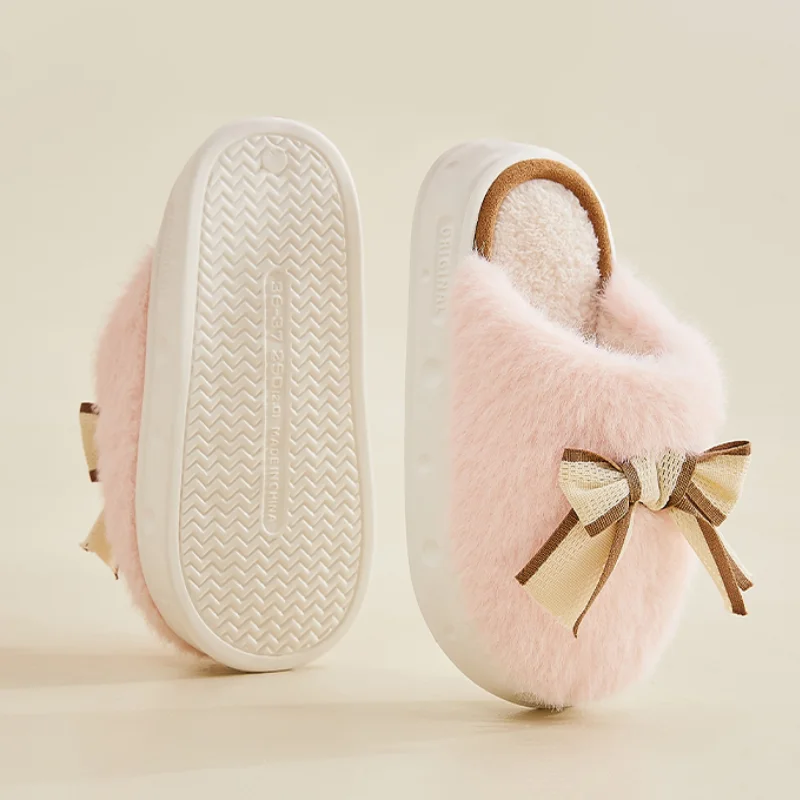 

Розовые пушистые тапочки с милым бантом, женские зимние теплые тапочки из искусственного меха, женские мягкие плюшевые домашние тапочки с закрытым носком и хлопковой подкладкой, 2023