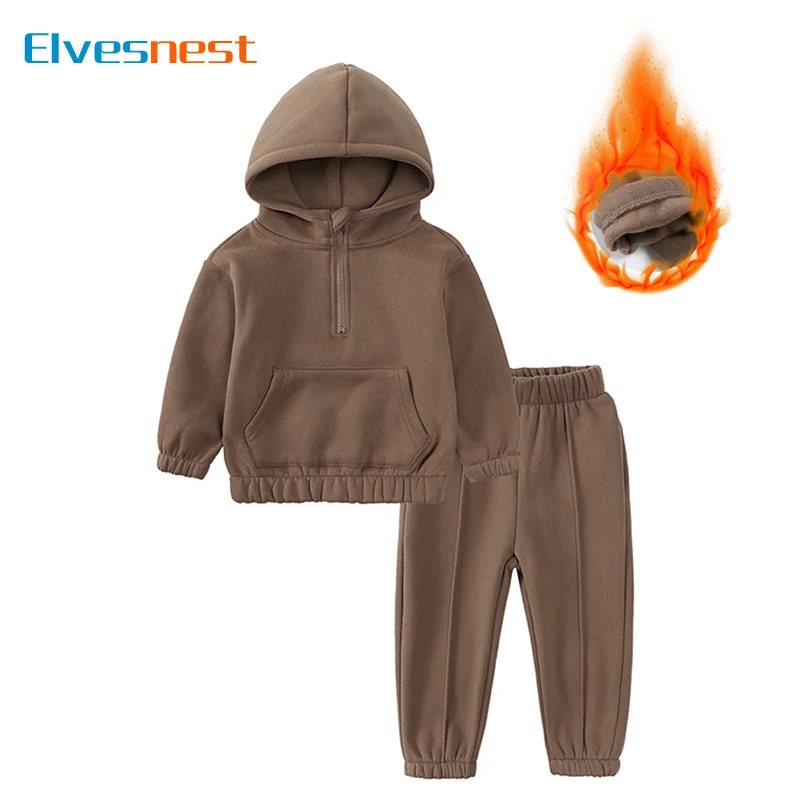 

Winter Warm Children Clothing Girls Outfit Set Long Sleeve Hooded Tops Pants 2PCS Fashion Solid Color Kids Sports Suit 2-6 Years