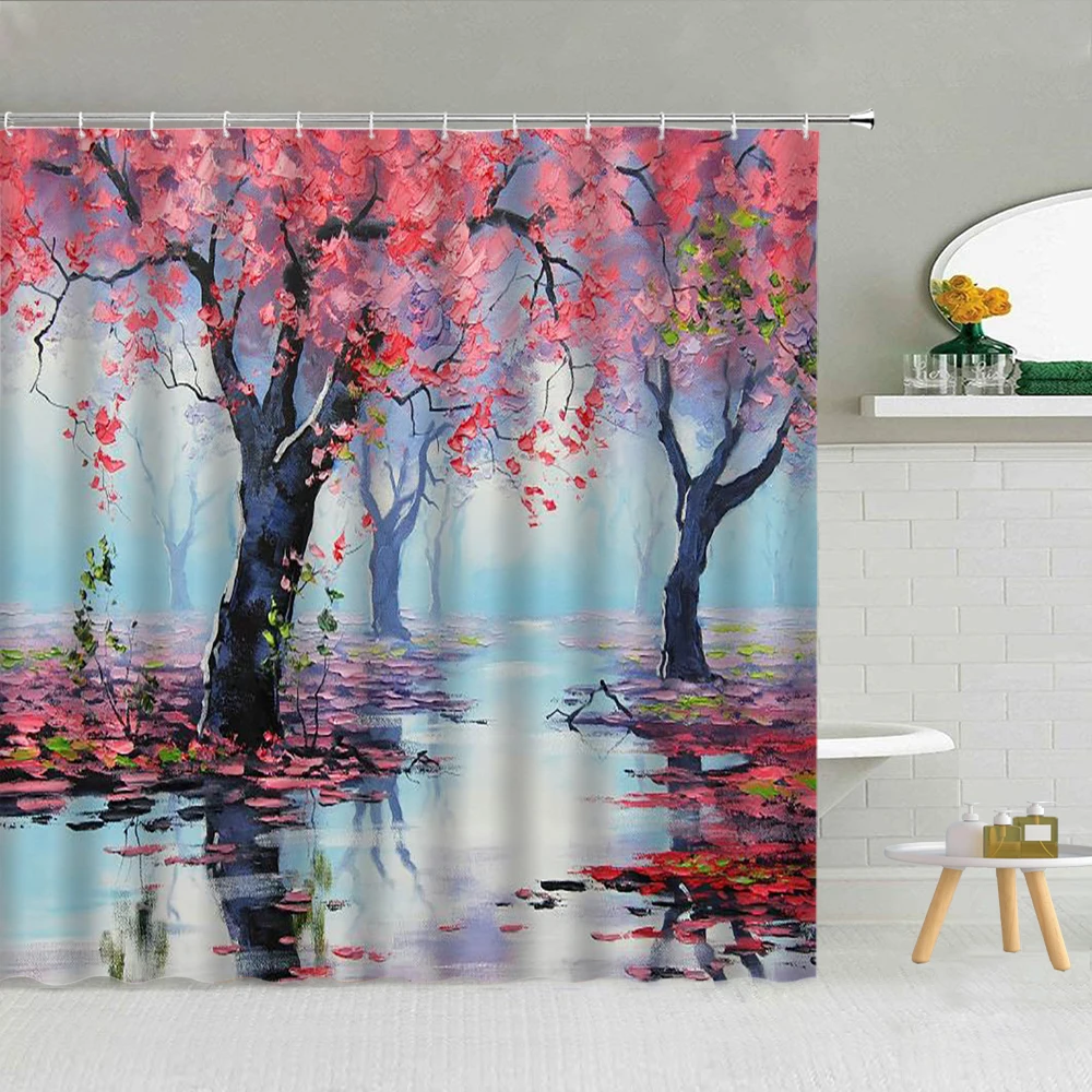 

Scenery Oil Painting Shower Curtains Wood Boat Swan Lake Sunrise Landscape Bath Curtain Bathroom Decor Waterproof Cloth