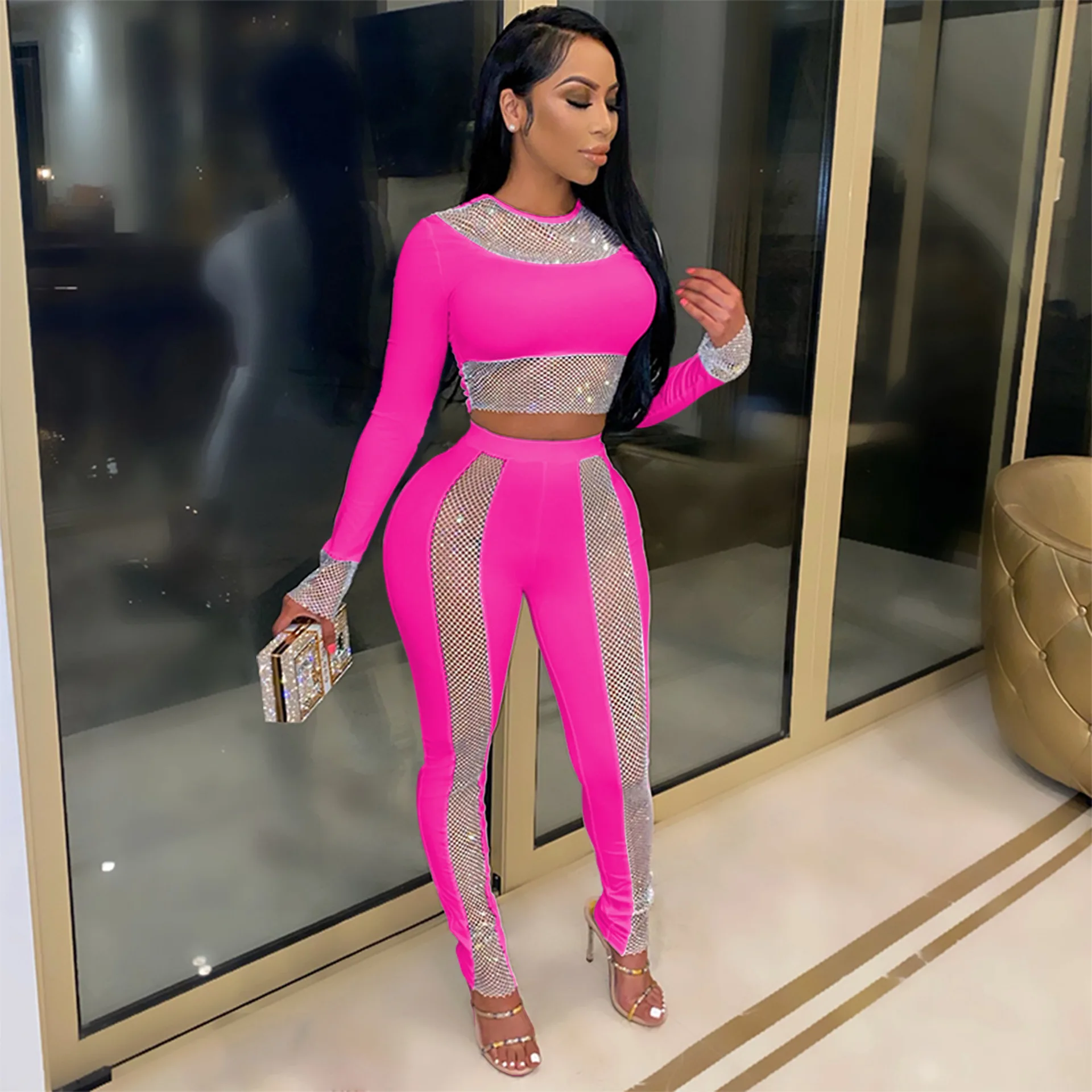 

Perl Patchwork Two Pieces Outfit Skinny Sexy Matching Set Fashion Pencil Pants Suit Autumn Clothing for Women Stylish Tracksuit