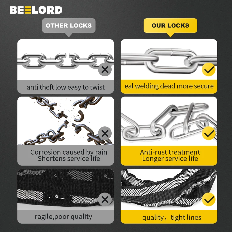 Велосипедный Замок-цепочка BEELORD светоотражающая защита от кражи Толщина 6 мм/8 мм
