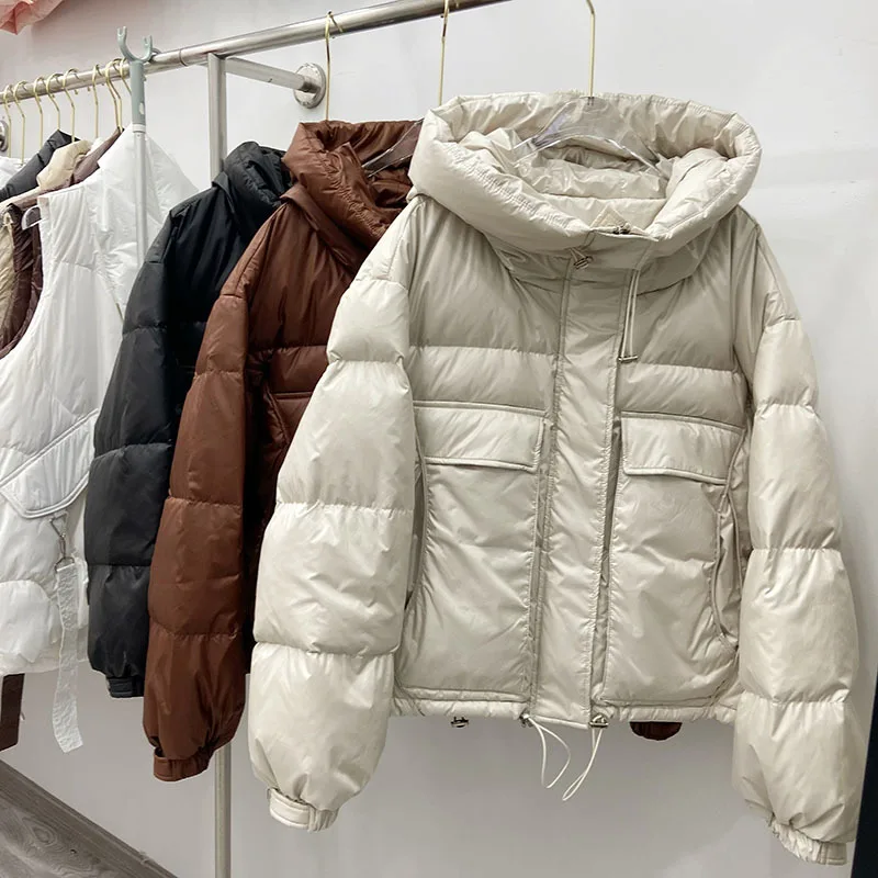 

Korean 90% White Duck Down Coat Winter Women Puffer Jacket 2022 Hooded Short Female Loose Feather Fluffy Parka