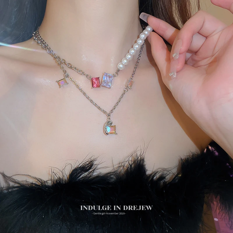 

New 2pcs/set Pearl Chain Necklace For Women Color Square Crystal Pendant Necklac Jewelry For Party