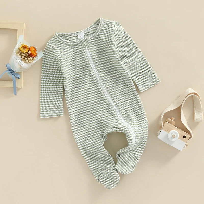 

Newborn Baby Unisex Casual Romper, Long Sleeve Round Neck Stripe Printed Feet-covered Long Jumpsuit Girl Boy Clothes Fall Spring