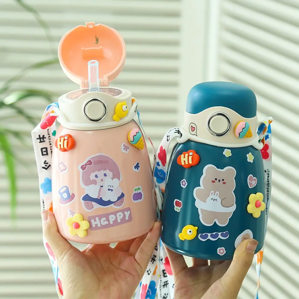 

650ml Adult Student Drink Kettle Travel Large 3D Stickers Vacuum Cup Thermos Mug Straw Water Bottle
