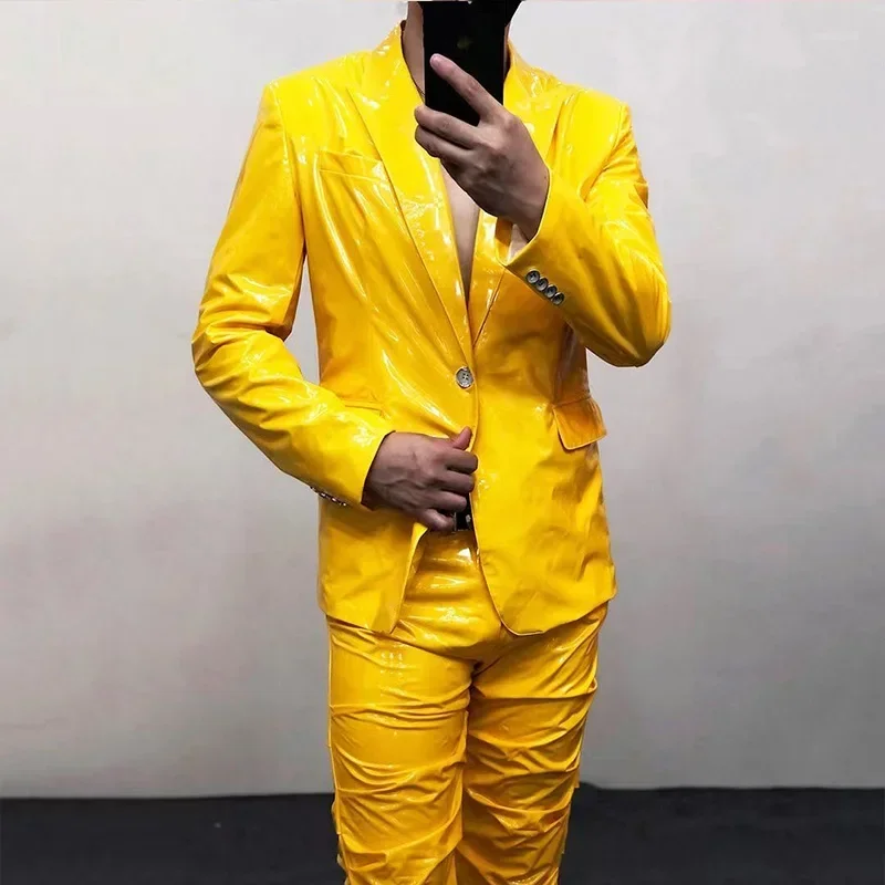 Блестящий мужской пиджак из искусственной кожи, эластичный пиджак из ...