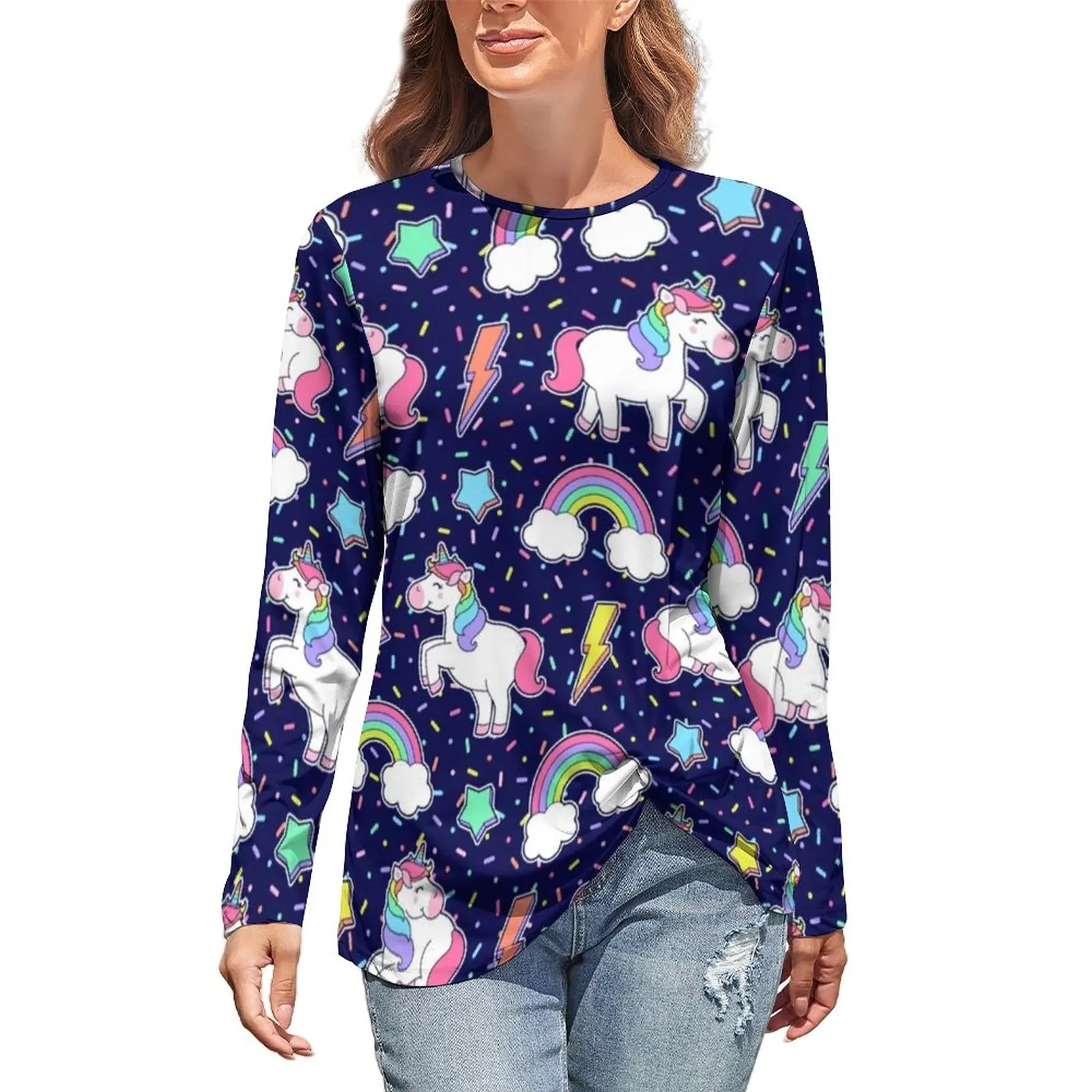 

Cute Unicorn Cartoon T Shirts Rainbow Star Thunder Casual Long Sleeve T-Shirt Kawaii Print Tee Shirt Women Tops Big Size 3XL 4XL