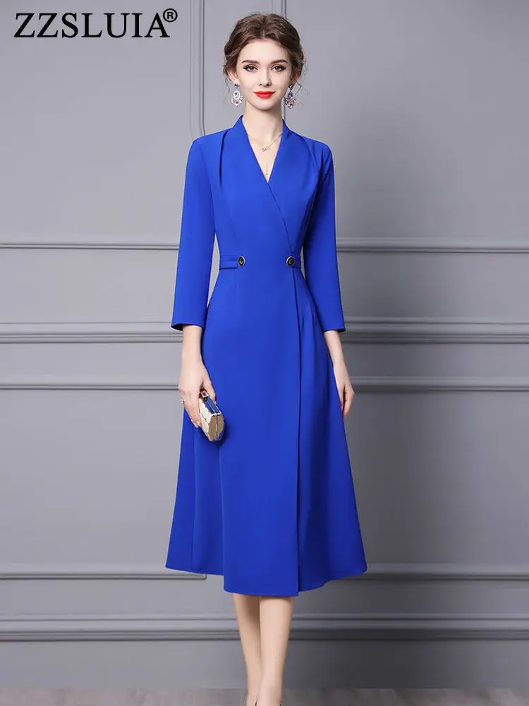 

ZZSLUIA Elegant Dresses For Women Solid Color V Neck Designer Slim Long Dress Fashion Three Quarter Sleeve Dresses Female Cloth