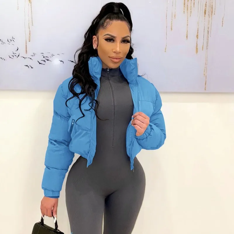 Winter Women Padded Jacket Casual Candy Color Stand-up Collar Zipper Short Windbreaker Long-sleeved Coat Top Clothes Street 2023