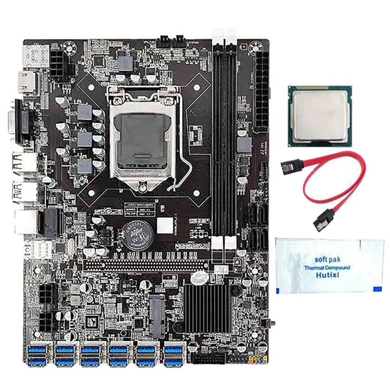 

B75 BTC Mining Motherboard With G530-G630 CPU+Thermal Grease+SATA Line 12 USB3.0 To PCIE1X Slot LGA1155 DDR3 RAM SATA3.0