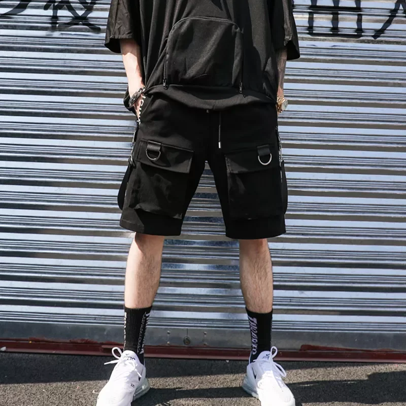 New in Hop Summer Shorts Men 2022 Black Ribbons Streetwear Bermuda Man Shorts Multi-pocket Punk Casual Knee Length Short Pants M