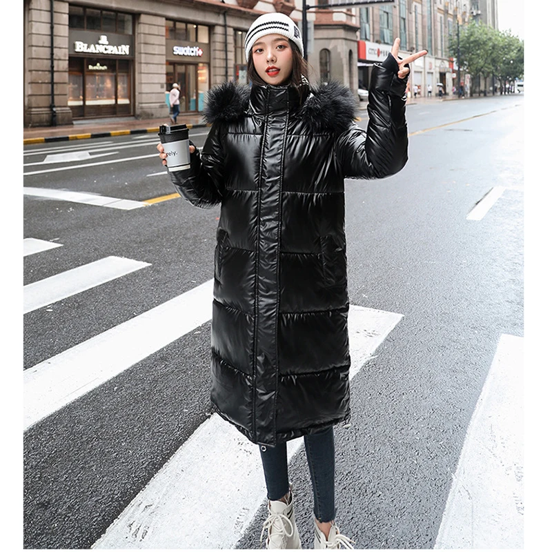 Bright Cotton Padded Coat Women Fur Collar Loose Thicken Warm Jacket Women 2022 Winter Korean Fashion Solid Long Parkas Female