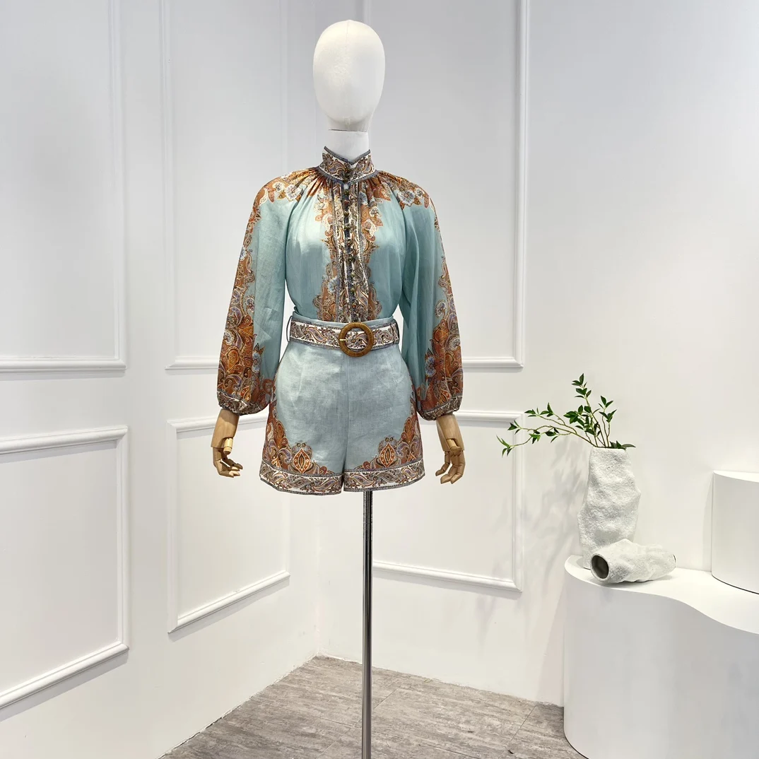 

2023 Latest Top Quality Vintage Button Long Sleeve Blouse Tops and Patchwork Belt Shorts Set for Lady
