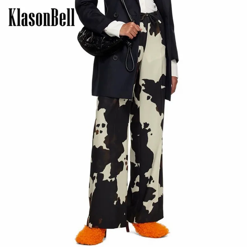 6.3 KlasonBell New Fashion Dairy Cattle Tie-Dye Print Drawstring Elastic Waist Drape Straight Pants Women