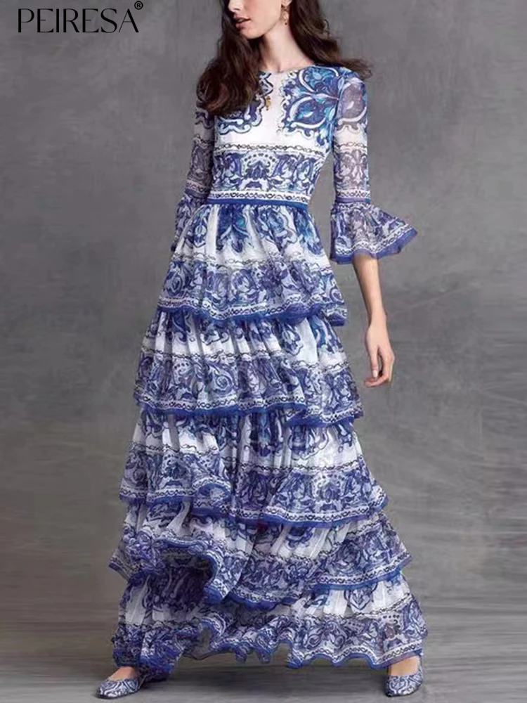

Женское винтажное длинное платье PEIRESA, дизайнерское платье с цветочным принтом, круглым вырезом и расширяющимся книзу рукавом, лето 2023