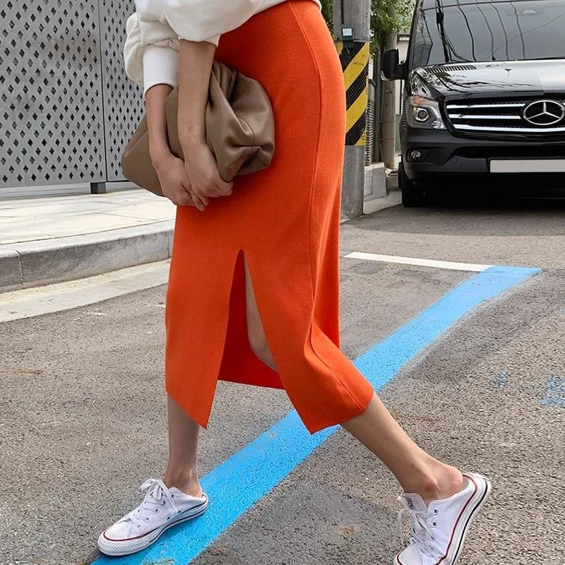 

Orange Knitted Women's Midi Skirt, Elastic Waist Pen Skirt, Casual Fashion, Korean Style, X049