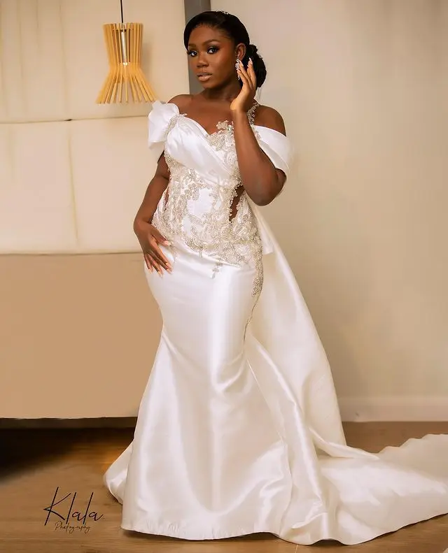 

Свадебное платье Aso Ebi с юбкой-годе, сексуальное свадебное платье с открытыми плечами, Кружевная аппликация, атласное платье с жемчугом