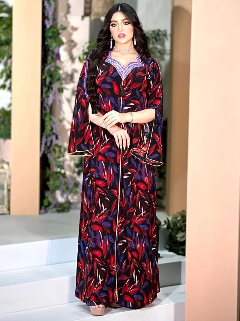 Diamonds Abaya Arabian Evening Dress for Women Floral Printed Tassel Ramadan Muslim Party Long Dress Gulf Jalabiya Dubai Abayas
