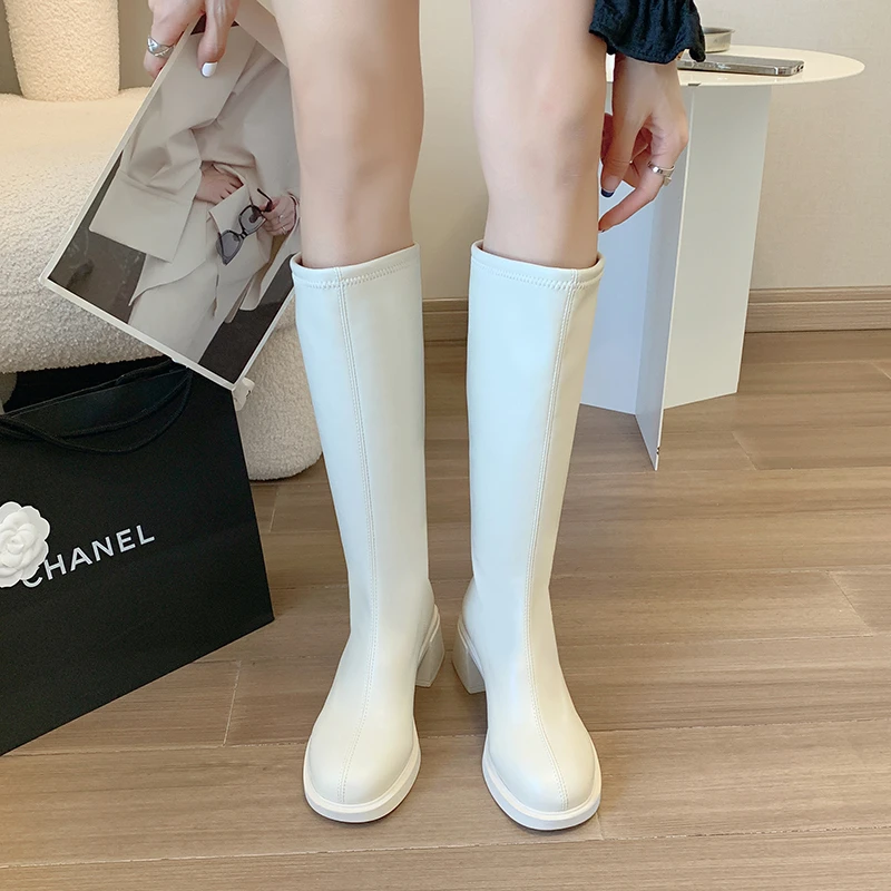 2022 Fashion Women Black Block High Heels Long Boots New Winter Warm Knee High Boots Soft Leather Thigh High Boots Shoes H6