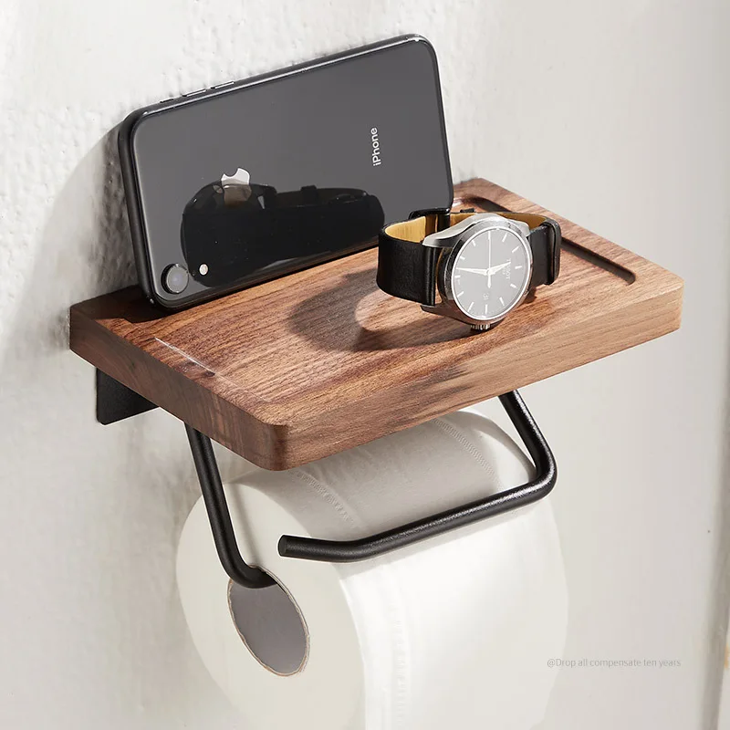 

MAXERY Toilet Paper Towel Holder Black-Walnut Toilet Roll Paper Holder Wood Hook Bathroom Punch-free Rack