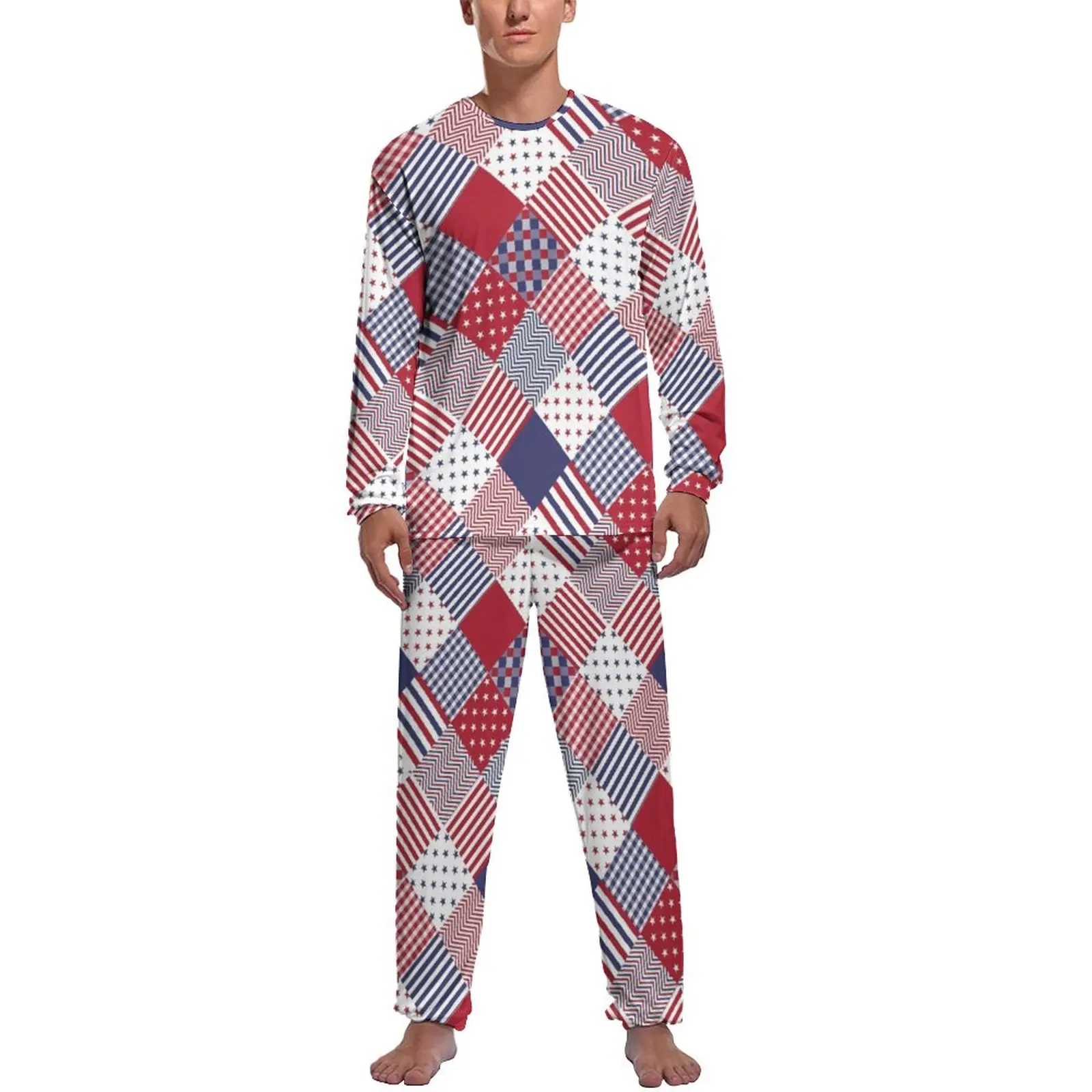 

Пижамы в стиле пэчворк с американским флагом, теплые пижамные комплекты в синюю и белую полоску с длинными рукавами, комплект из 2 предметов,...