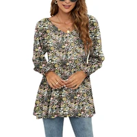 2022 new autumn women elegant floral printed t shirts street long sleeves ladies v neck casual tunic pullover loose blouse tops