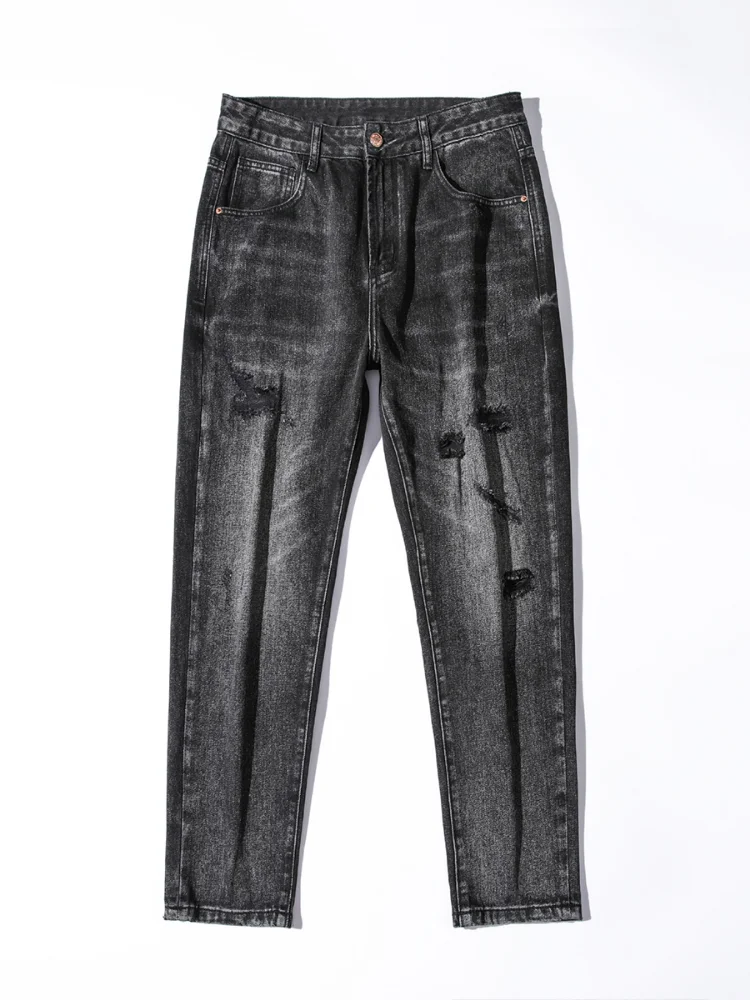 Four Seasons High Street Vibe Wind Ripped Jeans Men's Trend Black Loose Straight Trousers Fashion Streetwear Ins Hot Sale JEANS