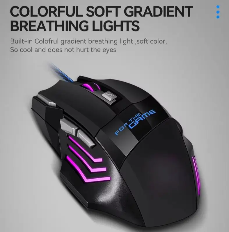 Фото Проводная игровая мышь с RGB-подсветкой, 7 кнопок, регулируемое разрешение DPI, эргономичный дизайн, оптическая мышь для геймеров, ноутбуков и ПК №1