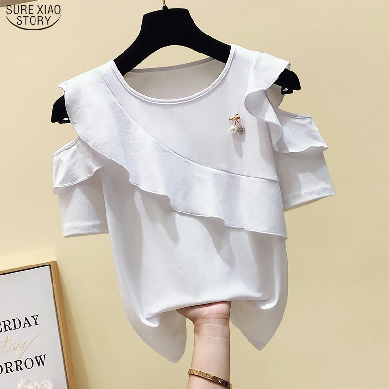 

2023 Summer Slim Solid Color Ruffle Shirt Women Clothes Fashion Short Sleeve Off Shoulder Blouse Tops Women Blusas 9117 50