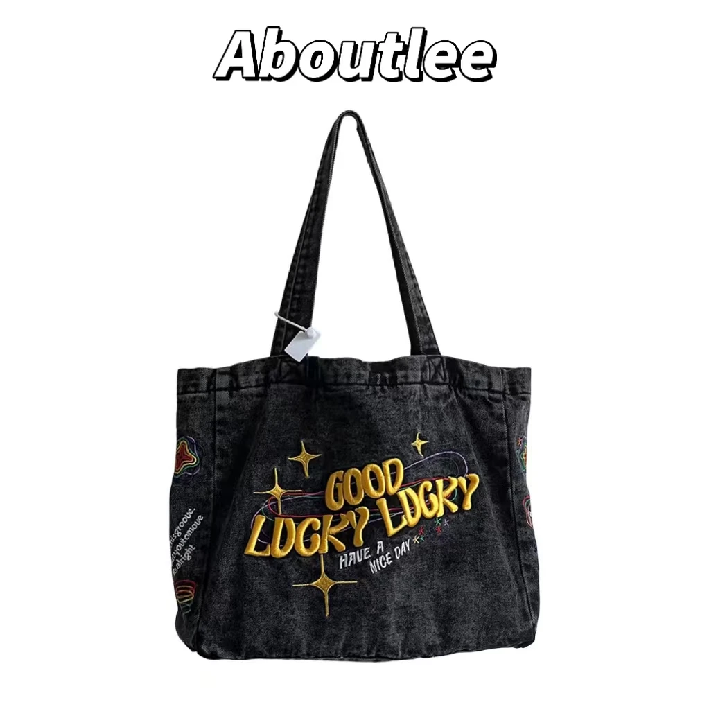 

Aboutlee Women's Vintage Embroidery Denim Shoulder Bag Casual Large-capacity Tote Bag Lightweight Student Handbag Messenger Bags