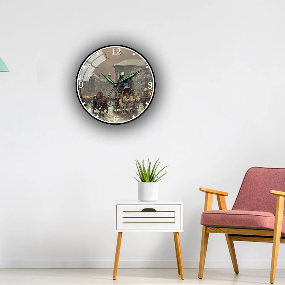 

In The Street Art Oil Painting Wall Clock Luminous Pointer Quartz Super Mute Wall Watch Large Clock On The Wall