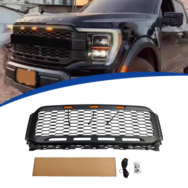 Фото Модифицированная решетка переднего бампера в стиле Raptor для Ford F-150 2021-2023, гоночная решетка со светодиодной подсветкой, обновление в стиле Raptor, замена №1