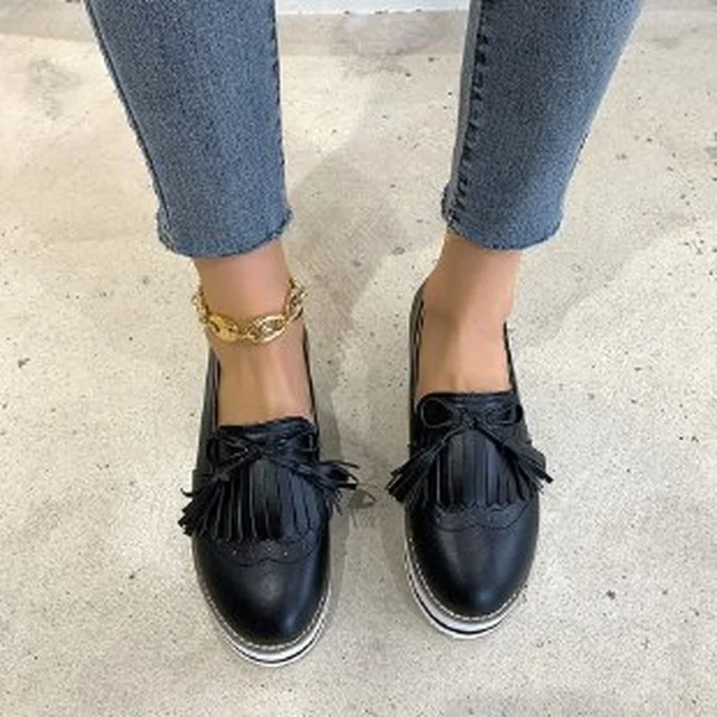 Ladies Fringe Bow Loafers Ladies Slip-On Sneakers Ladies Platform Sneakers Soft PU Leather Sewing Flats Ladies All Seasons New