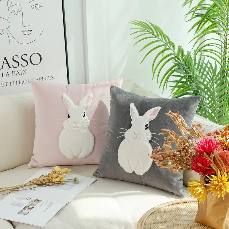 

1 pcs Nordic embroidered plush warm sofa pillow cover bedroom living room sofa cushion cute rabbit pink grey no filler