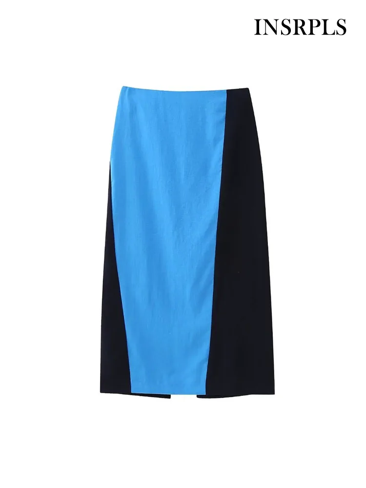 

INSRPLS Women Fashion Patchwork Midi Skirt Vintage High Waist Back Zipper Female Skirts Mujer