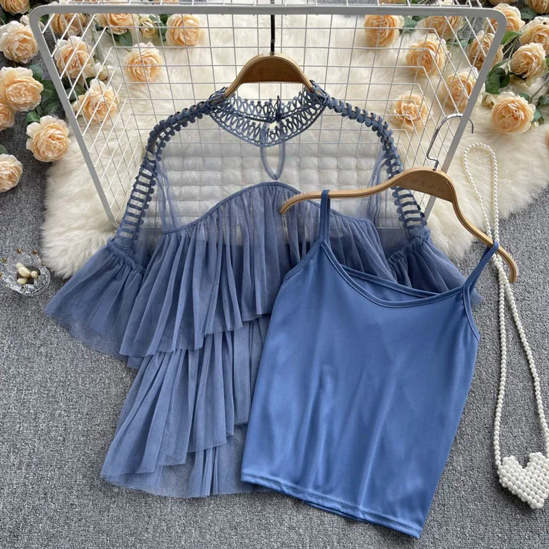 

Очень волшебный Топ, милая романтичная сетчатая блузка с подтяжками, жилет на бретельках, женский костюм, блузки для женщин, мода 2022