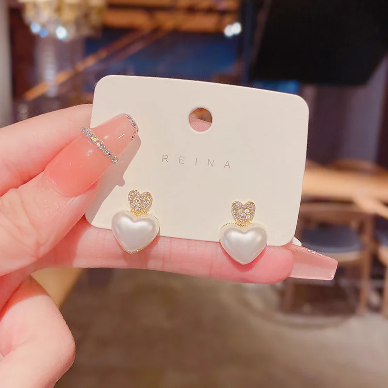 

New Fashion Pearl Heart Stud Earrings for Women Crystal Top Female Earrings Double Love Heart Luxury Ear Jewelry bijoux femme