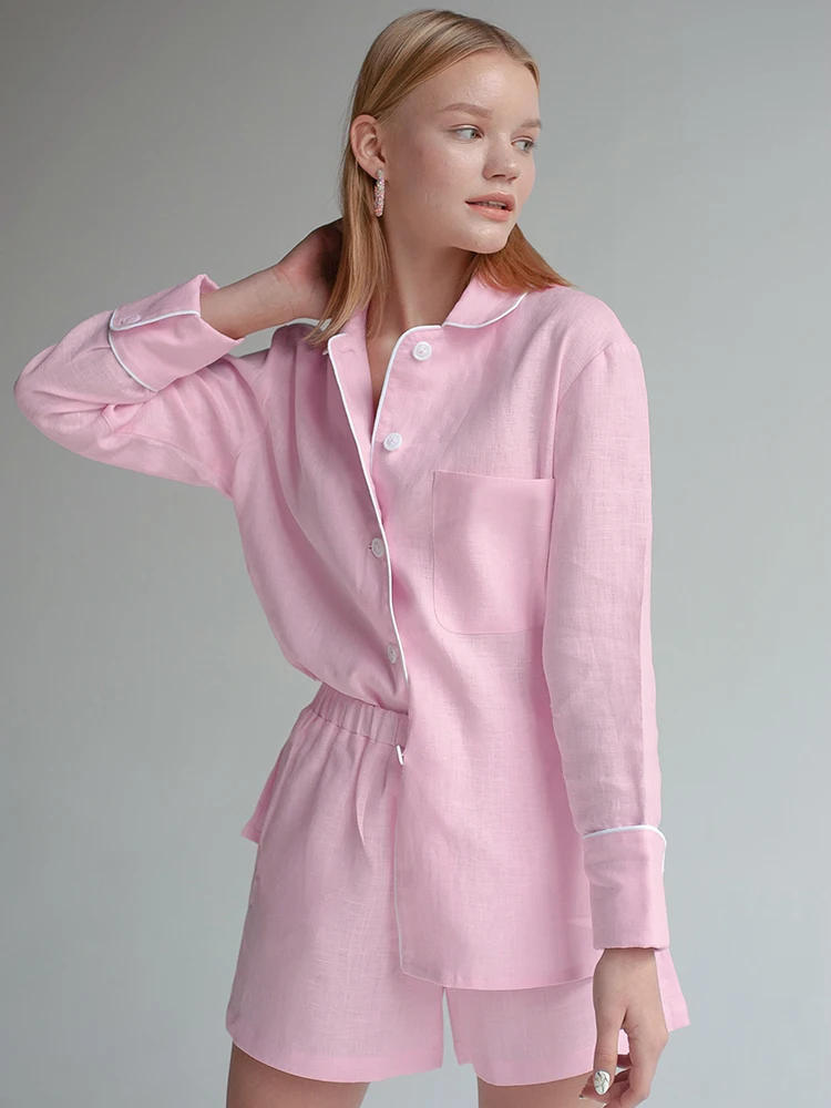 

Повседневная женская ночная рубашка Linad, розовый комплект из 2 предметов с длинным рукавом и отложным воротником, одежда для сна, женские кос...