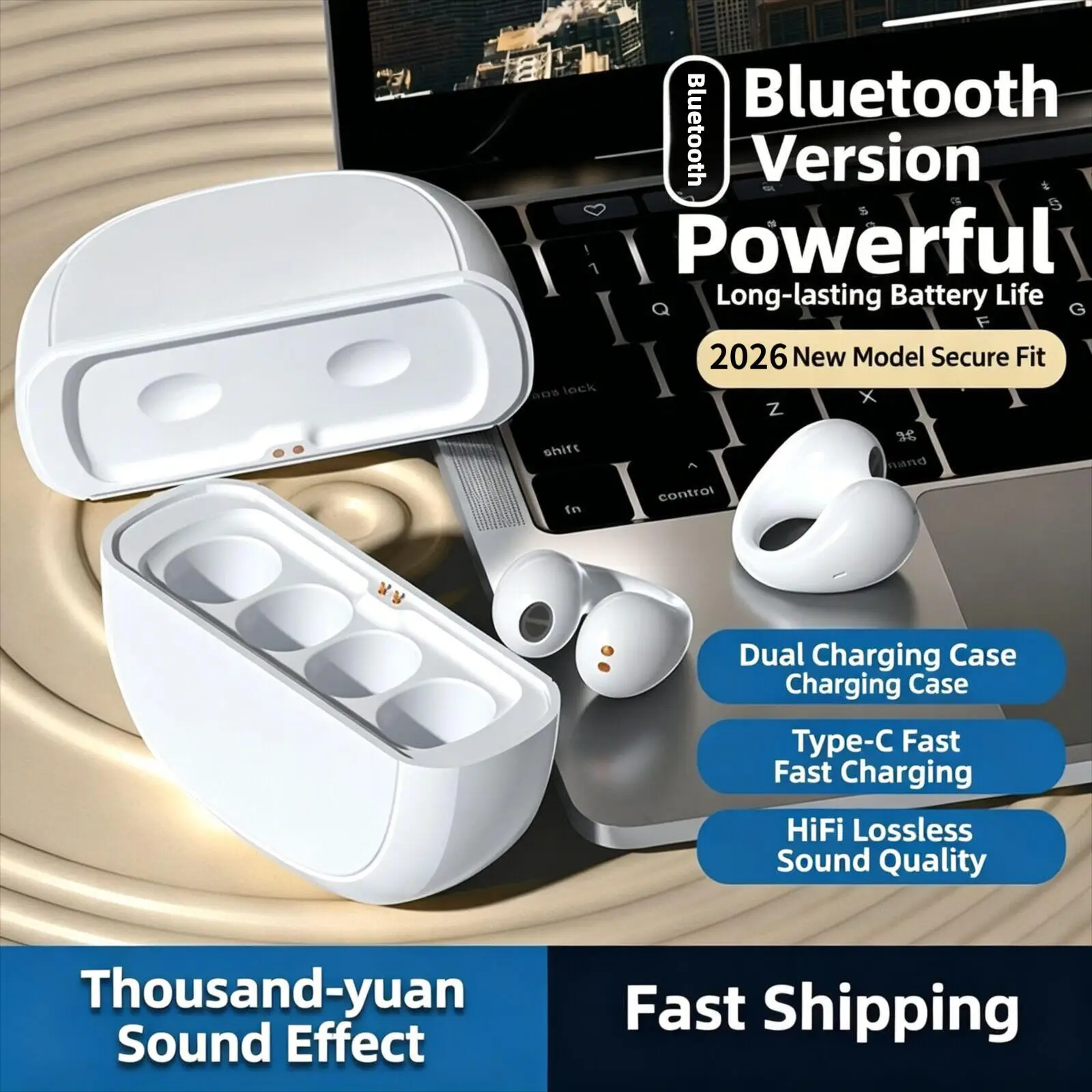 Фото Магнитные Bluetooth-наушники-клипсы с зарядным кейсом 2-в-1: HIFI-стереозвук, экстренная зарядка телефона, спортивные наушники №1