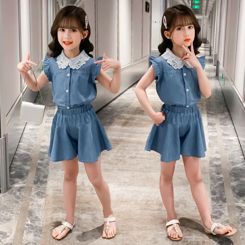 

Girls Summer Clothes Suits Denim Shirt Tops+Shorts 2PCS Girls Clothing Set Casual Teenage Kids Clothes Set 4 5 6 8 9 10 12 Years