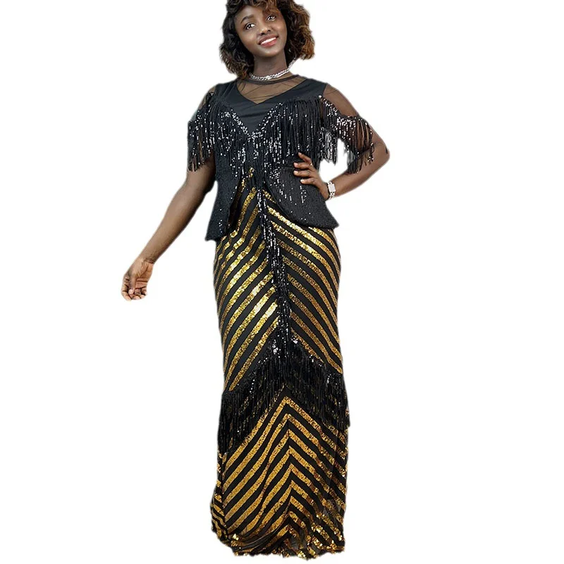 

African Dresses for Women Summer Elegant African Short Sleeve O-neck Gold Silver Polyester Sequined Wedding Party Long Dress
