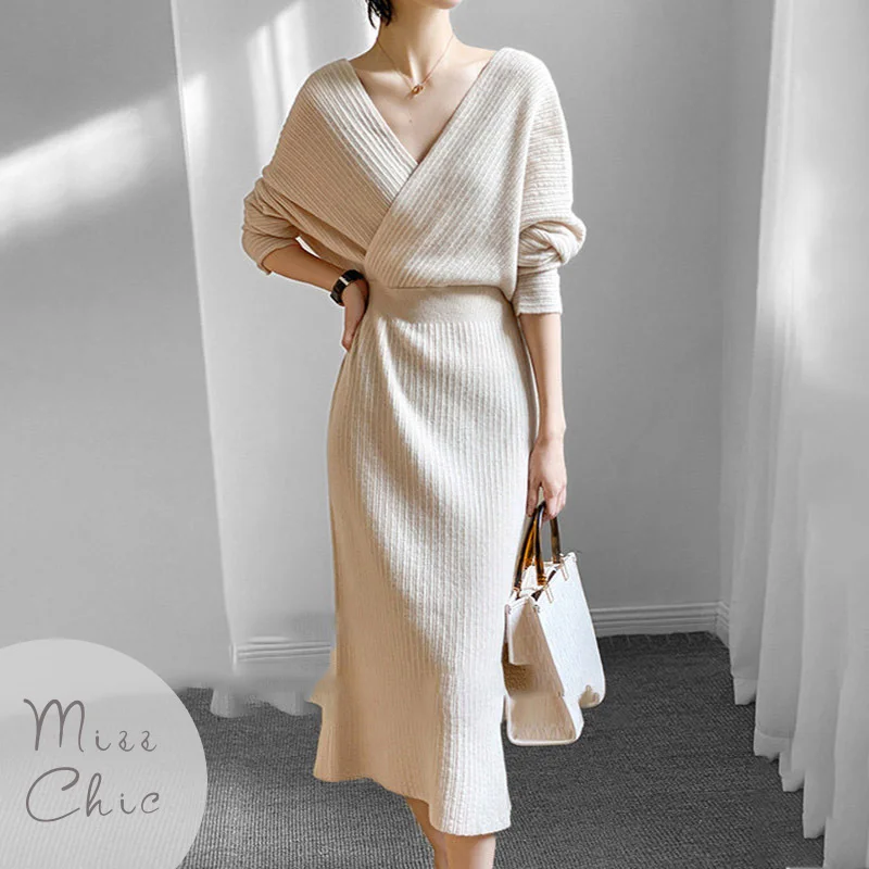 Women Elegant V-neck Sweater Dresses Vintage High Waist Slim A-line Knitted Midi Dress Korean Fashion Winter Clothes Vestidos