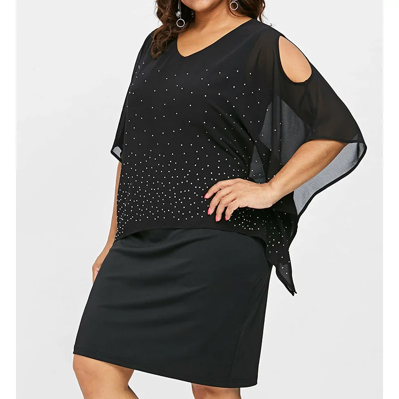 Hot Drill Hollow Out Black Fashion Summer Clothes for Women V-Neck Patchwork Flying Sleeve Pullover Plus Size Irregular Dresses