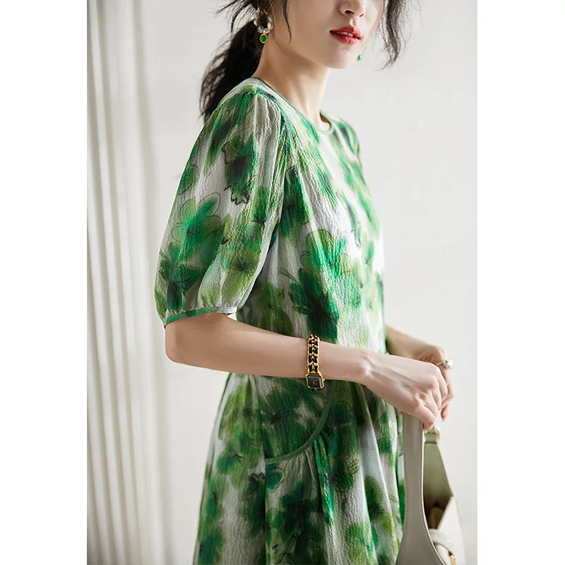 

Gentle Romantic Flower Holiday Imitation Silk Dress Women Short Sleeve Summer Beach Holiday
