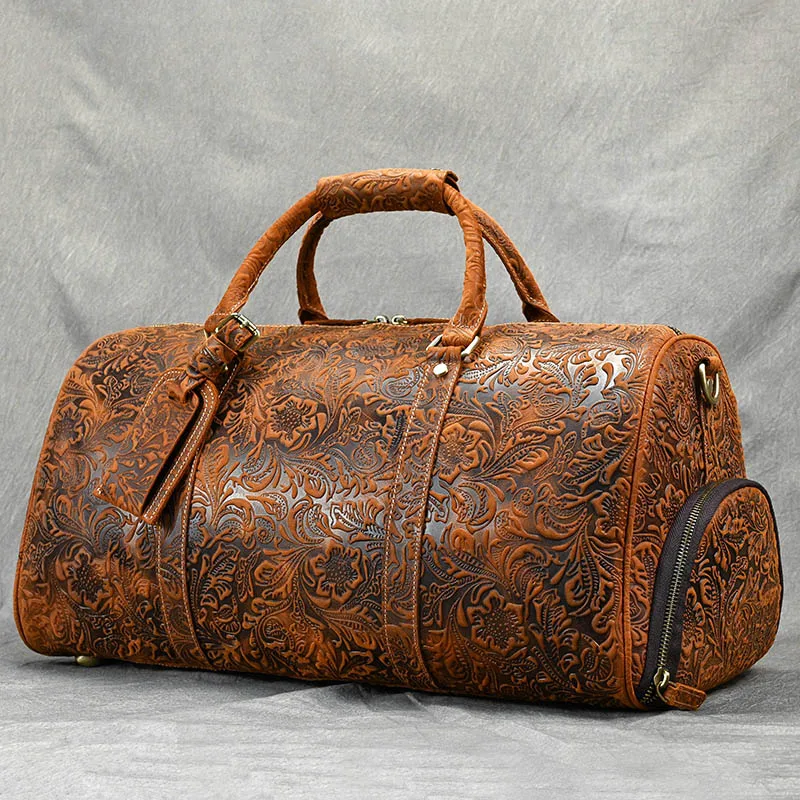 Luufan Embossed Design Genuine Leather Men's Travel Bag Vintage Large Capacity Women Luggage Duffel Bags Male Weekend Handbag