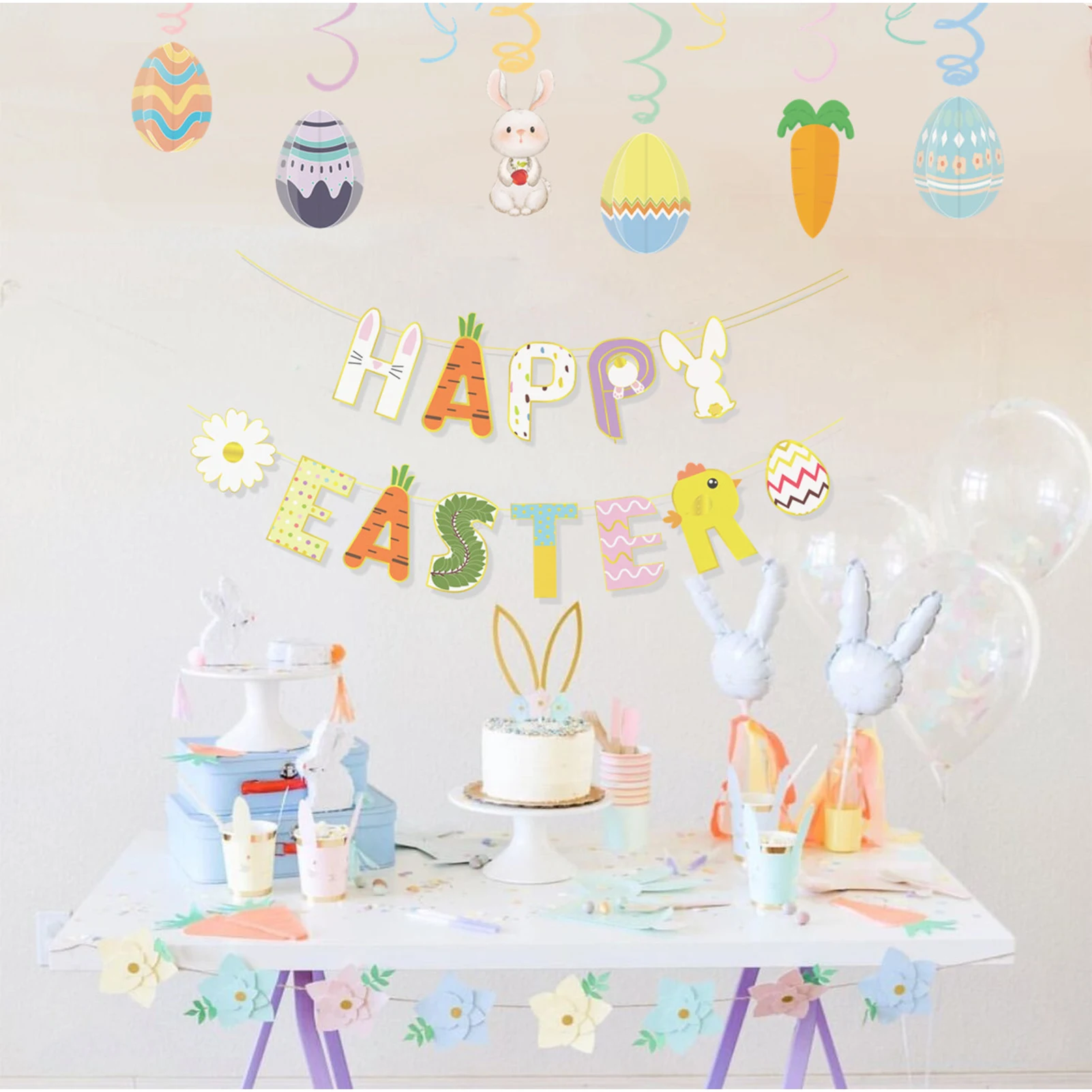 

20pcs Rabbit Balloons Happy Easter Letter Banner Easter Decorations Paper Garland DIY Home Easter Decorative Egg Bunny Bunting